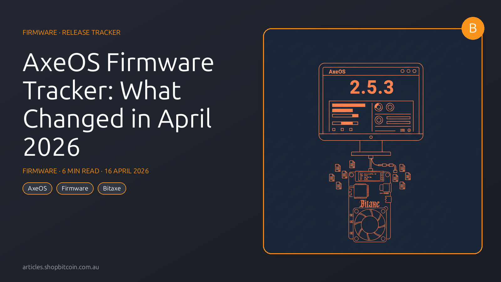 A Bitaxe's AxeOS dashboard displaying a version number and changelog entries, with firmware binary files floating around it.