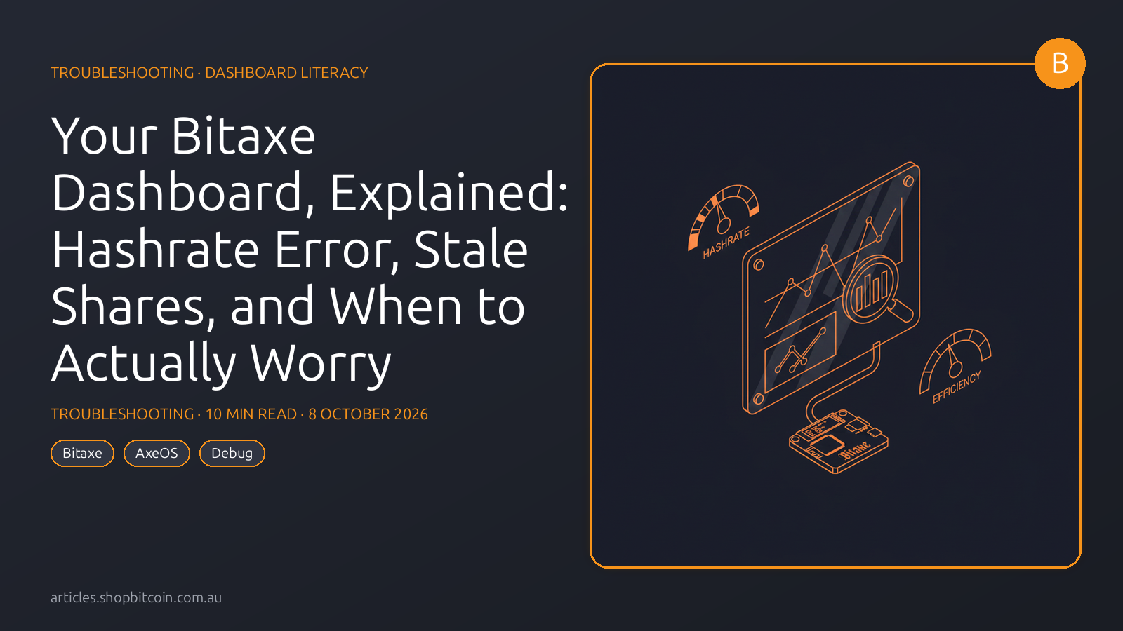 A stylised AxeOS dashboard panel floating in isometric view, a magnifying glass highlighting a hashrate graph, a Bitaxe plugged in at the base with orange indicator needles for hashrate, temperature, and efficiency.
