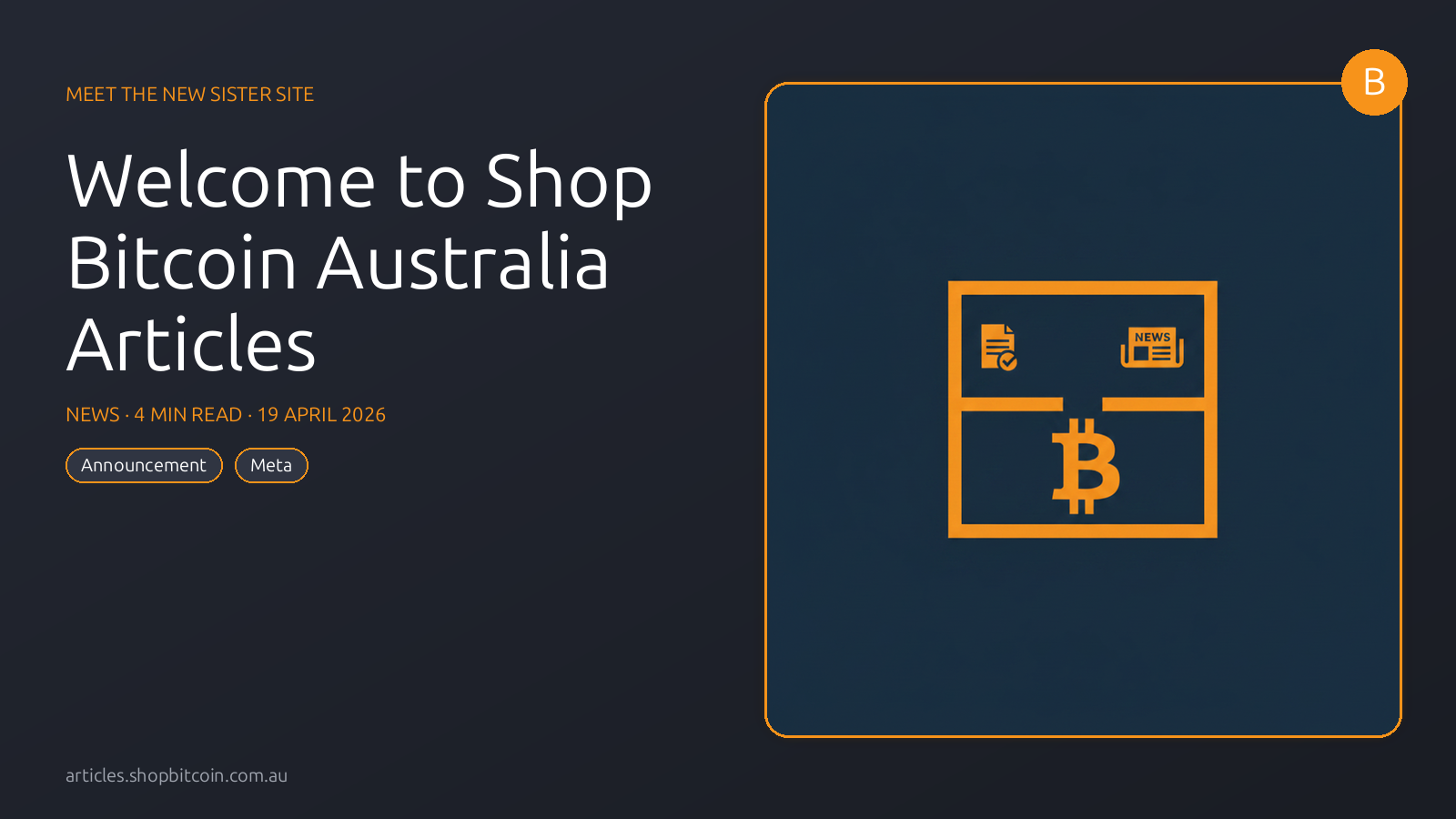 The Shop Bitcoin Australia logo sits between two bookshelves — one labeled Guides, one labeled Articles — with orange bitcoin symbols floating between them.